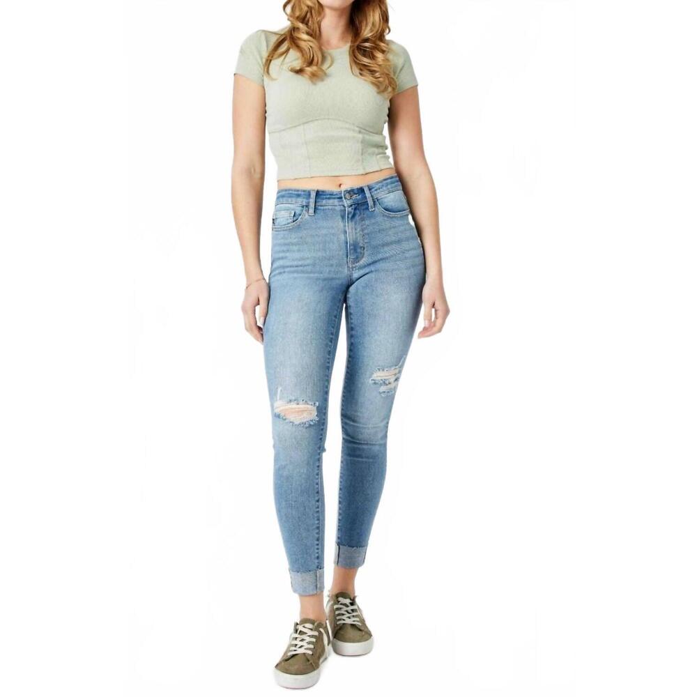 NEW JUDY BLUE mid rise destroy & cuff skinny jean in blue
